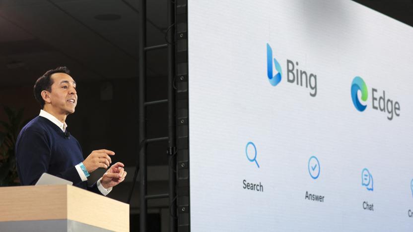 Yusuf Mehdi, Microsoft Corporate Vice President of Modern Life, Search, and Devices, speaks during a keynote address announcing ChatGPT integration for Bing at Microsoft in Redmond, Washington, on February 7, 2023. - Microsoft's long-struggling Bing search engine will integrate the powerful capabilities of language-based artificial intelligence, CEO Satya Nadella said, declaring what he called a new era for online search. (Photo by Jason Redmond / AFP) (Photo by JASON REDMOND/AFP via Getty Images)