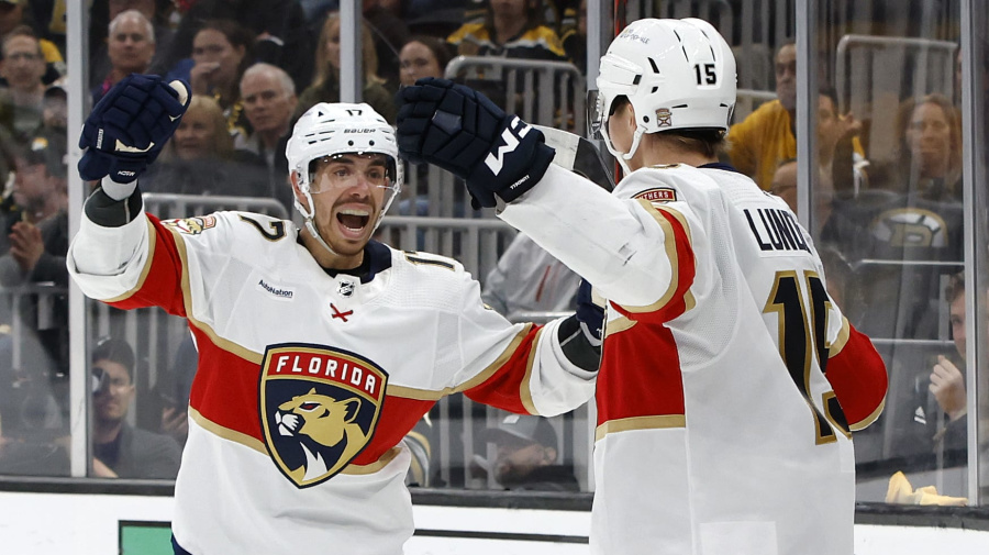 Getty Images - BOSTON, MASSACHUSETTS - MAY 12: Anton Lundell #15 of the Florida Panthers celebrates a goal with Evan Rodrigues #17 during the second period in the game against the Boston Bruins in Game Four of the Second Round of the 2024 Stanley Cup Playoffs at TD Garden on May 12, 2024 in Boston, Massachusetts. (Photo by Rich Gagnon/Getty Images)