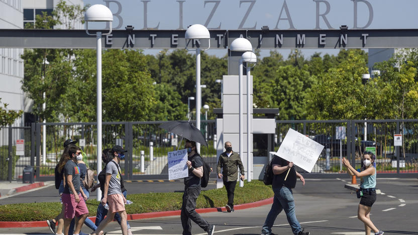 Blizzard Entertainment employees and supporters protest for better working conditions in Irvine, CA, on Wednesday, July 28, 2021. (Photo by Jeff Gritchen/MediaNews Group/Orange County Register via Getty Images)