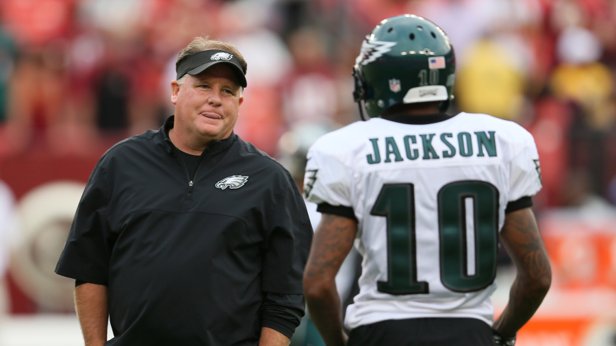 Getty Images - LANDOVER, MD - SEPTEMBER 09:  Head coach Chip Kelly of the Philadelphia Eagles talks with wide receiver DeSean Jackson #10 before taking on the Washington Redskins at FedExField on September 9, 2013 in Landover, Maryland.  (Photo by Rob Carr/Getty Images)