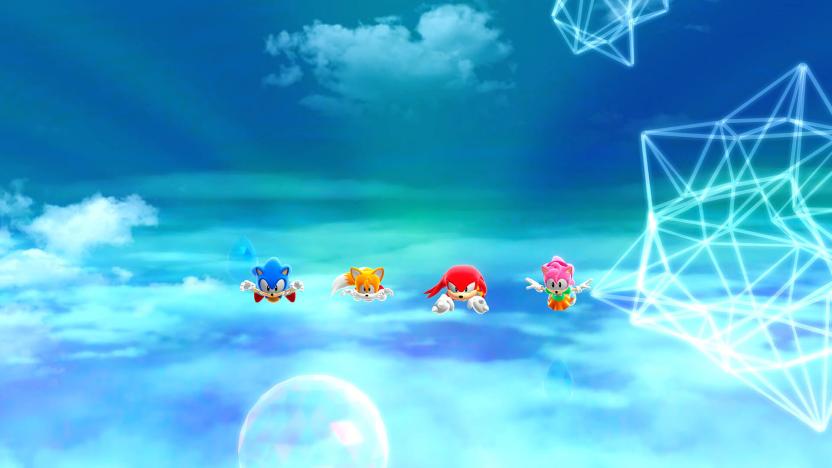 Still from the game Sonic Superstars. The Four playable characters fall through the sky.