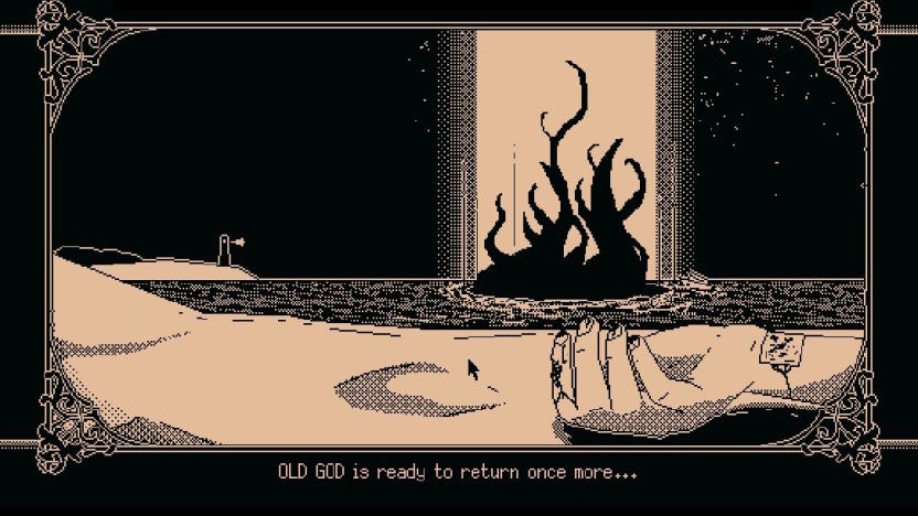 A screenshot from World of Horror showing a dead person's hand, with a tentacled Old God in the backgroud