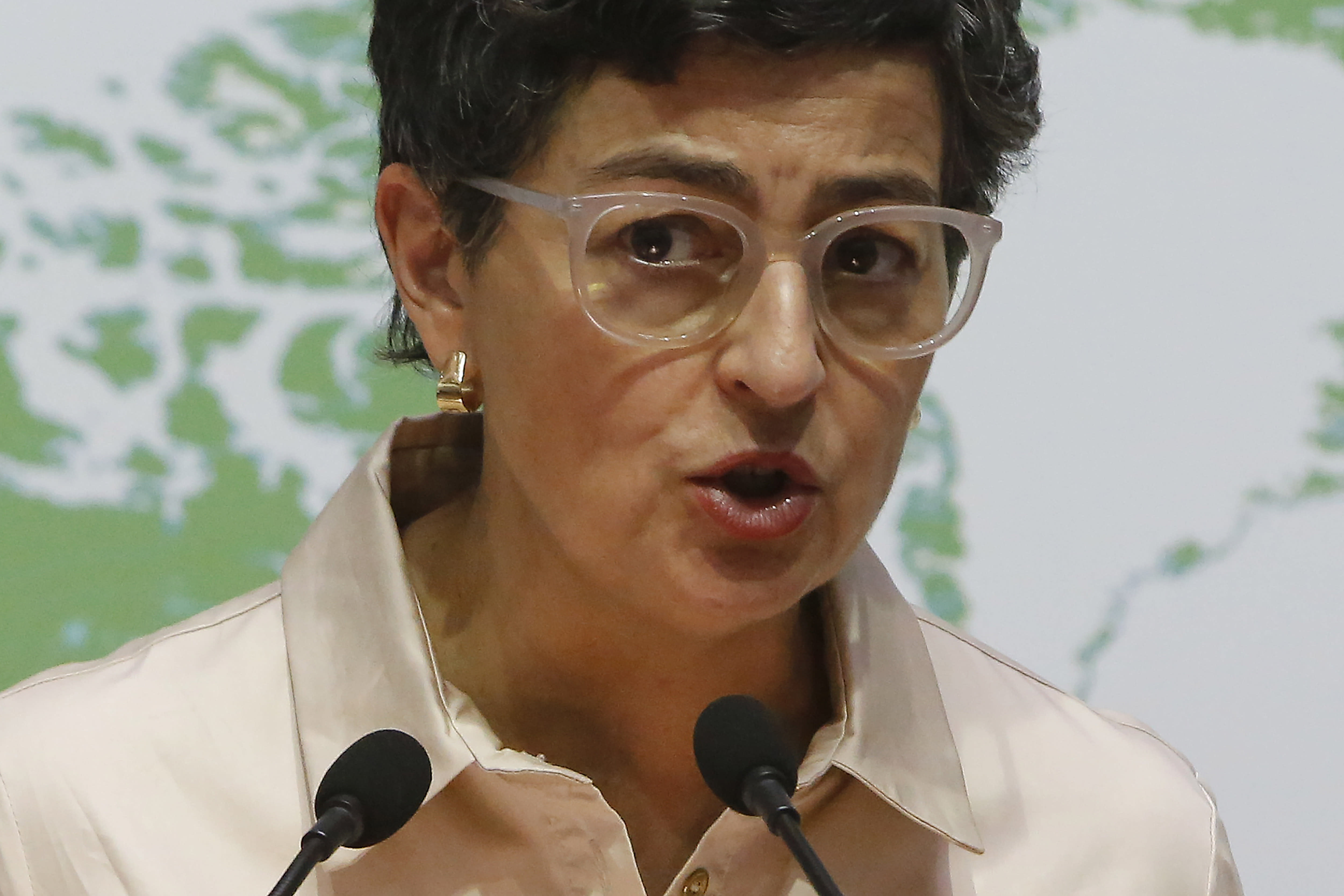 Spain's Foreign Minister Arancha Gonzalez Laya speaks during a news conference with her Cypriot countepart Nikos Christodoulides at the Cypriot Foreign Ministry building in the capital Nicosia, Cyprus, on Wednesday, Sept. 30, 2020. Laya said her visit aimed to convey her country's solidarity with Cyprus amid tensions over a Turkish gas search in waters were Cyprus claims exclusive economic rights. (AP Photo/Petros Karadjias)