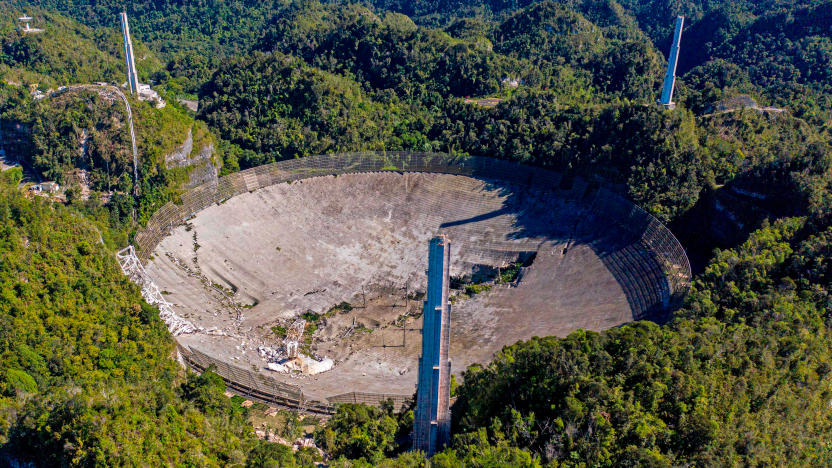 Arecibo radio telescope with collapsed segments