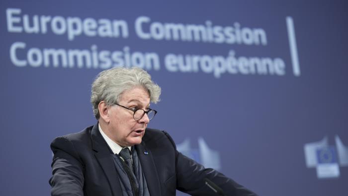 BRUSSELS, BELGIUM - APRIL 30: EU Commissioner for Internal Market Thierry Breton is talking to media in the Berlaymont, the EU Commission headquarter on April 30, 2024 in Brussels, Belgium. European Union Commission hosted the second EU-Japan Digital Partnership Council. (Photo by Thierry Monasse/Getty Images)