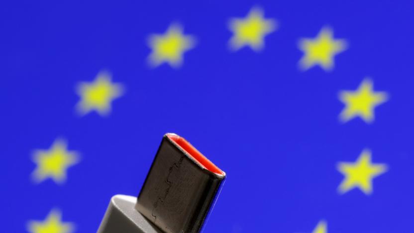 USB-C (USB Type-C) cable is seen in front of the EU flag in this illustration taken October 27, 2022. REUTERS/Dado Ruvic/Illustration