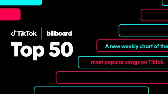 Promotional image for the new TikTok Billboard Top 50 chart. Black background, it says "Top 50" with the TikTok and Billboard logos above. On the right: "A new weekly chart of the most popular songs on TikTok."