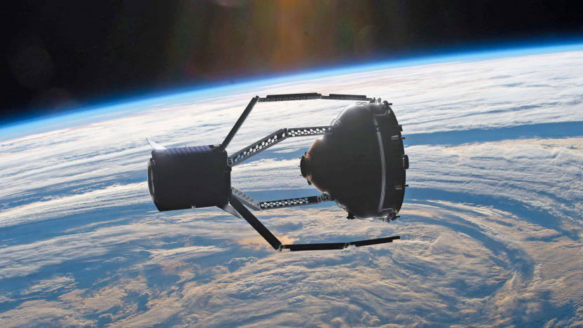 A rendering of the ClearSpace-1 craft in orbit above Earth grabbing Vespa debris.