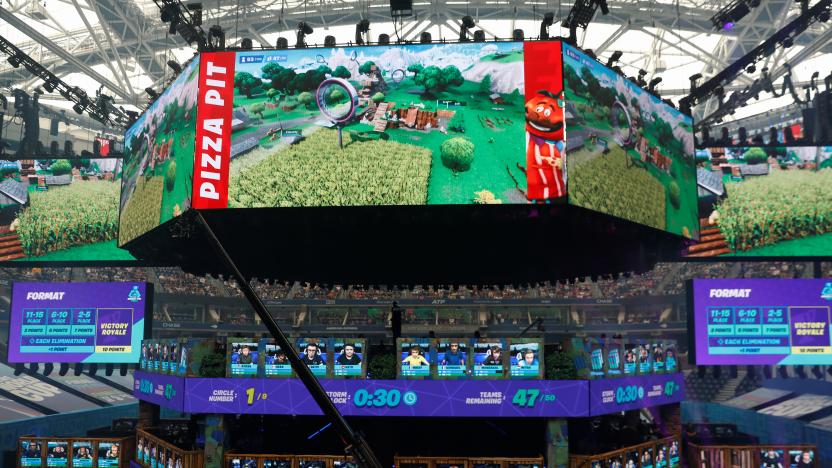 Contestants compete during the Fortnite World Cup Duos Finals at Flushing Meadows Arthur Ashe stadium in the Queens borough of New York, U.S., July 27, 2019.  REUTERS/Shannon Stapleton