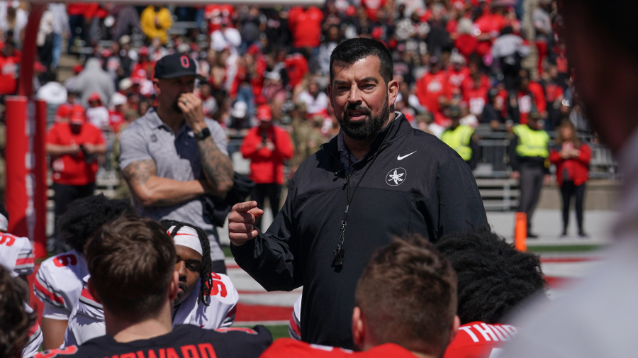 Getty Images - COLUMBUS, OH - APRIL 13: Ohio State Buckeyes head coach Ryan Day addresses his team after the Ohio State Spring Game at Ohio Stadium in Columbus, Ohio on April 13, 2024. (Photo by Jason Mowry/Icon Sportswire via Getty Images)
