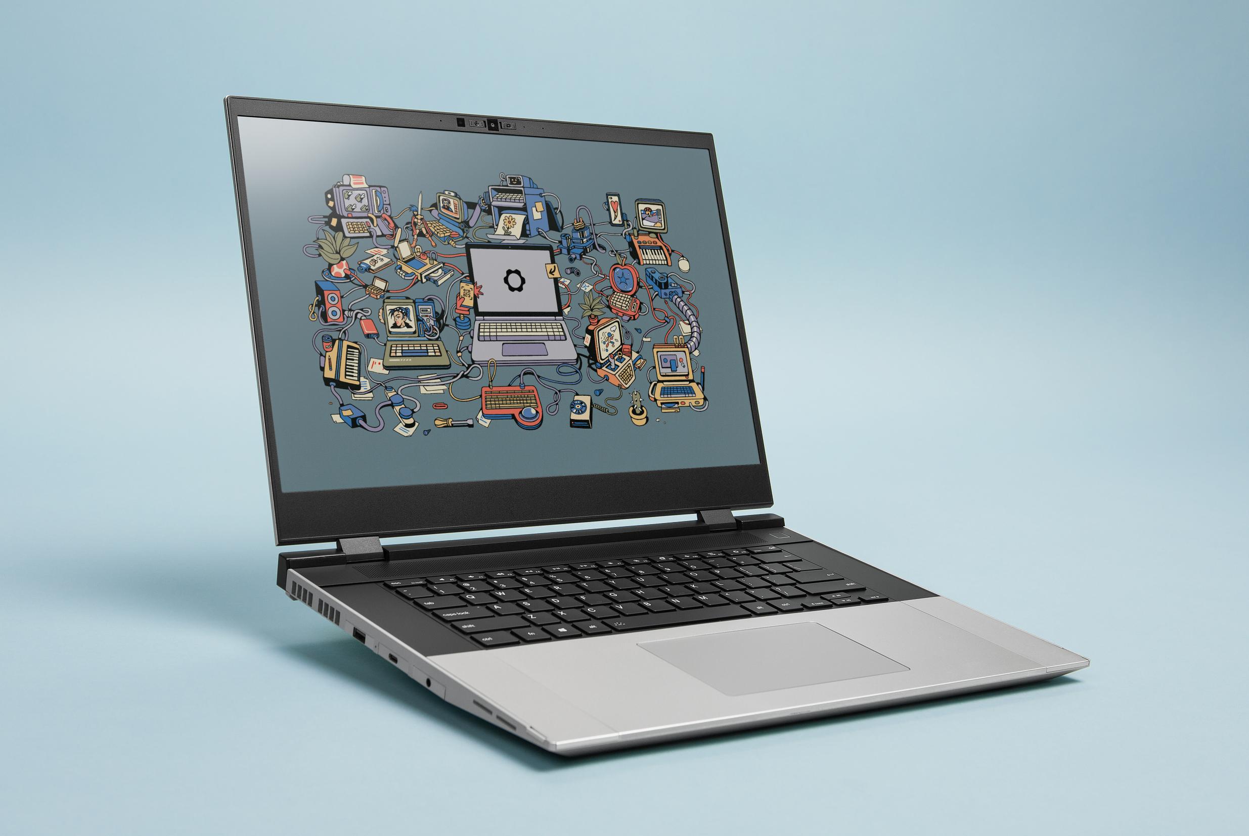 Hero image of the Framework Laptop 16 floating in front of a blue background.