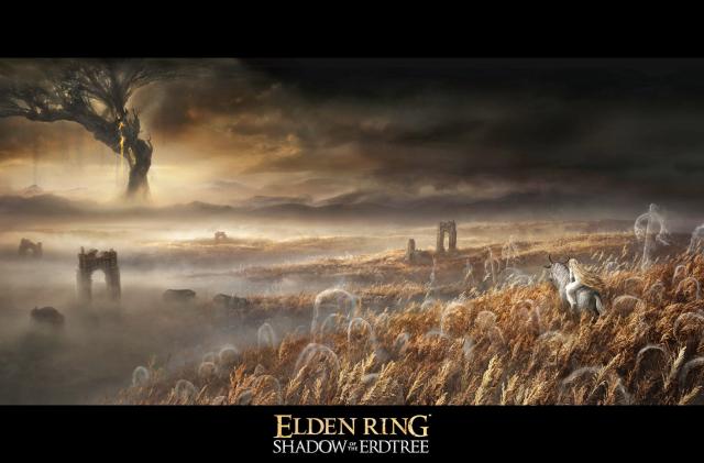 A key artwork for Elden Ring's upcoming DLC video game entitled 'Shadow of the Erdtree', where you see a lone rider on a white horse heading through tall wheat fields towards a distant massive tree amongst a dark and turbulent horizon.
