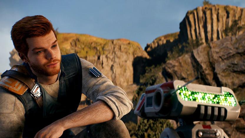 Jedi: Survivor protagonist Cal Kestis kneels before his droid companion BD-1. In the background, there are sandstone cliffs. 