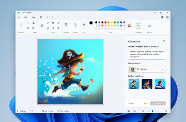 A screenshot of the Paint app in Windows 11, showing the Cocreator generative AI tool.