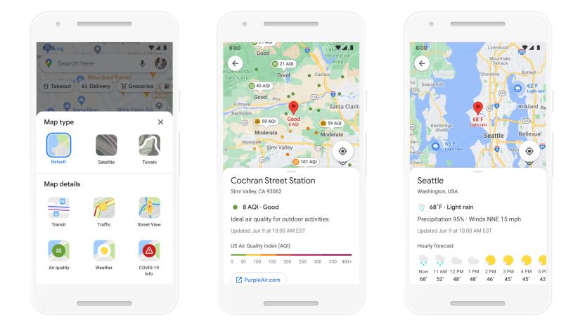 Google Maps Weather and Air Quality layers