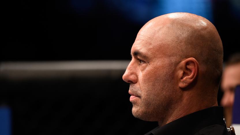 TAMPA, FL - APRIL 16:   UFC Commentator Joe Rogan prepares to interview Michael Graves after submitting Randy Brown in their welterweight bout during the UFC Fight Night event at Amalie Arena on April 16, 2016 in Tampa, Florida. (Photo by Jeff Bottari/Zuffa LLC/Zuffa LLC via Getty Images)