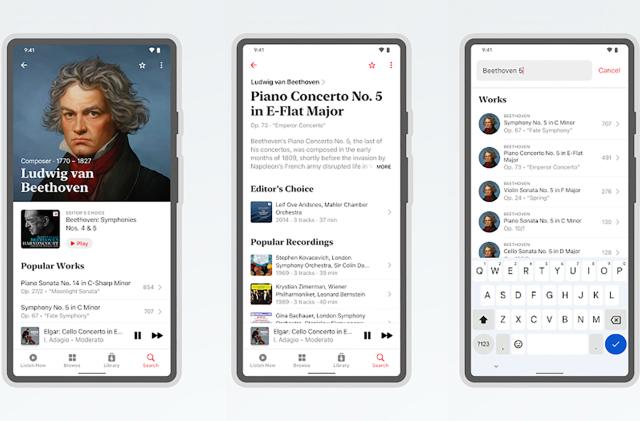 A trio of phone screens showing the various settings in Apple Music's dedicated classical music Android app.