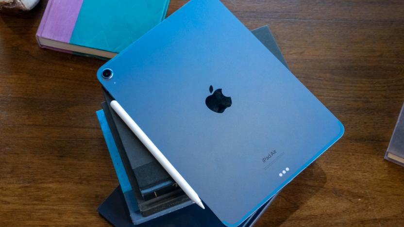 A blue iPad Air on a desk. 