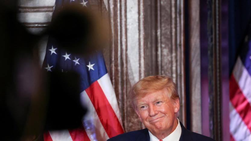 Former U.S. President Donald Trump reacts during a campaign stop to unveil his leadership team, at the South Carolina State House in Columbia, South Carolina, U.S., January 28, 2023. REUTERS/Shannon Stapleton