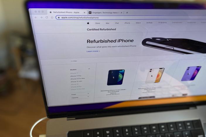 Close up of a computer screen on Apple's refurbished iPhone website page. 