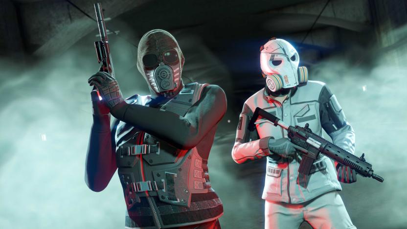 Two masked characters hold weapons against a smoky background in Grand Theft Auto V