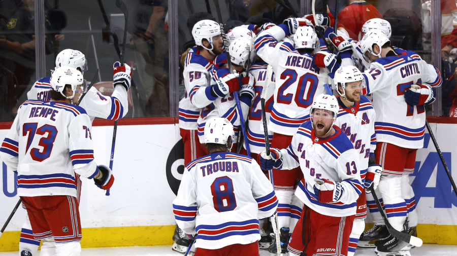 Getty Images - SUNRISE, FLORIDA - MAY 26: The New York Rangers celebrate after defeating the Florida Panthers in overtime in Game Three of the Eastern Conference Final of the 2024 Stanley Cup Playoffs at Amerant Bank Arena on May 26, 2024 in Sunrise, Florida. (Photo by Joel Auerbach/Getty Images)