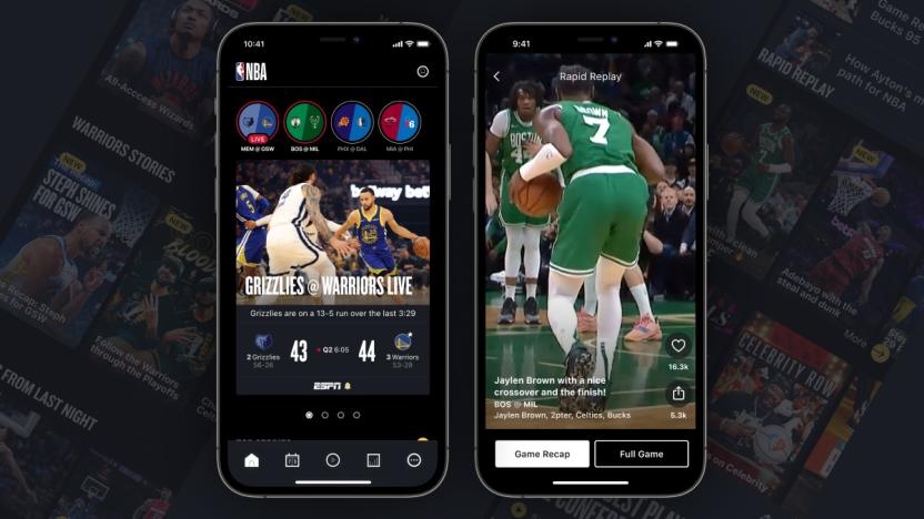 Screenshots from the redesigned NBA app, including game scores an a vertical highlight video.