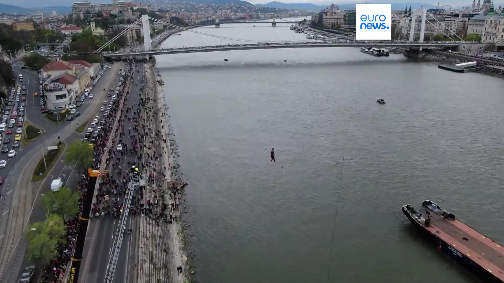 Hungarian high-wire artist pulls off daring stunt over the Danube