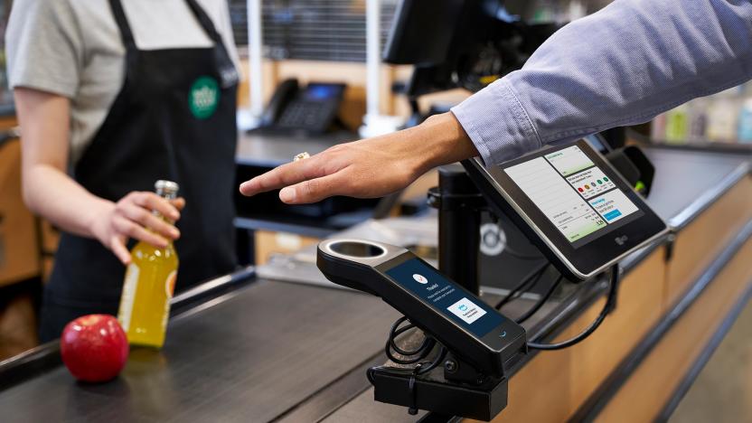 Amazon One palm scanning in a Whole Foods store