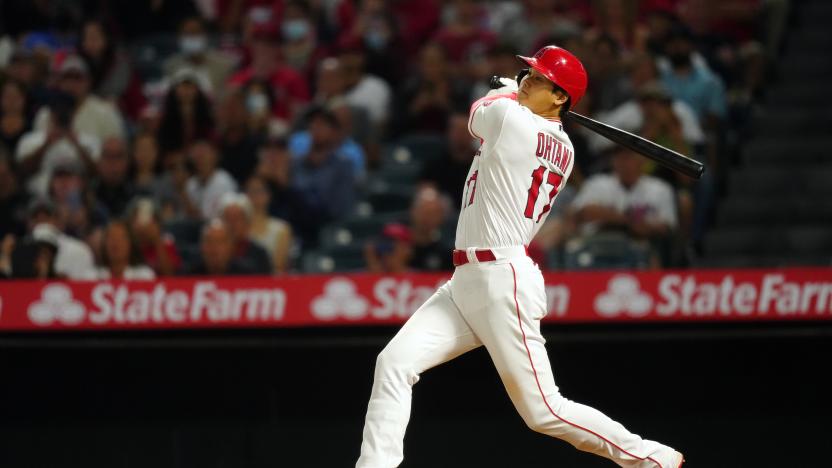 ANAHEIM, CA - JULY 05:  Shohei Ohtani #17 of the Los Angeles Angels singles during the game between the Boston Red Sox and the Los Angeles Angels at Angel Stadium on Monday, July 5, 2021 in Anaheim, California. (Photo by Daniel Shirey/MLB Photos via Getty Images)