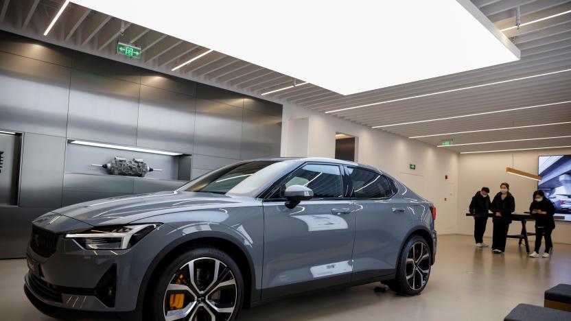 The Polestar 2 electric car's charging port is seen at a company store in Shanghai, China March 8, 2021. Picture taken March 8, 2021. REUTERS/Aly Song