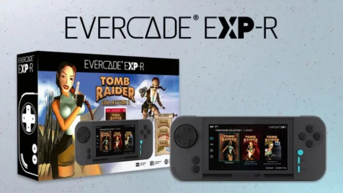 Evercade EXP-R handheld console and Tomb-Raider-themed box
