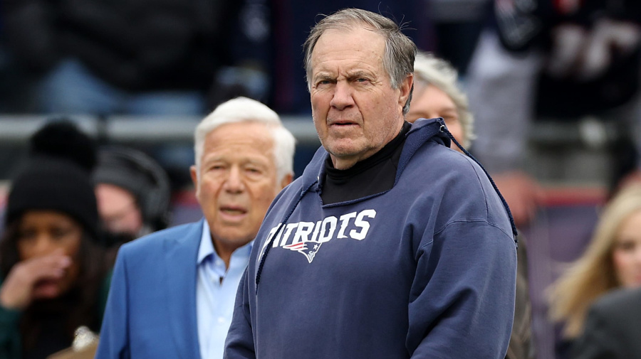 Getty Images - FOXBOROUGH, MASSACHUSETTS - DECEMBER 17: New England Patriots owner Robert Kraft and Head Coach Bill Belichick look on from the sideline before the game against the Kansas City Chiefs at Gillette Stadium on December 17, 2023 in Foxborough, Massachusetts. (Photo by Maddie Meyer/Getty Images)