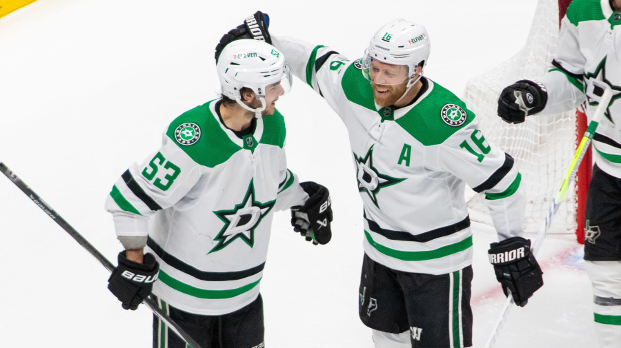 Getty Images - DENVER, COLORADO - MAY 13: Wyatt Johnston #53 (left) and Joe Pavelski #16 of the Dallas Stars celebrate after Johnston scored his second goal of the game in the second period of Game Four of the Second Round of the Stanley Cup Playoffs against the Colorado Avalanche at Ball Arena on May 13, 2024 in Denver, Colorado. (Photo by Ashley Potts/NHLI via Getty Images)