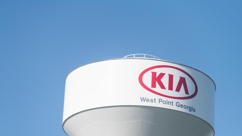 West Point, USA - April 21, 2018: Water tank, reservoir, tower in Georgia with logo, sign of Kia Motors Manufacturing plant, factory production