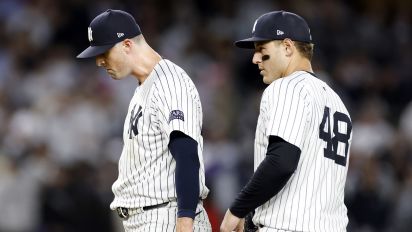 Getty Images - NEW YORK, NEW YORK - MAY 20: Clay Holmes #35 reacts with Anthony Rizzo #48 of the New York Yankees during the ninth inning against the Seattle Mariners at Yankee Stadium on May 20, 2024 in the Bronx borough of New York City. The Mariners won 5-4. (Photo by Sarah Stier/Getty Images)