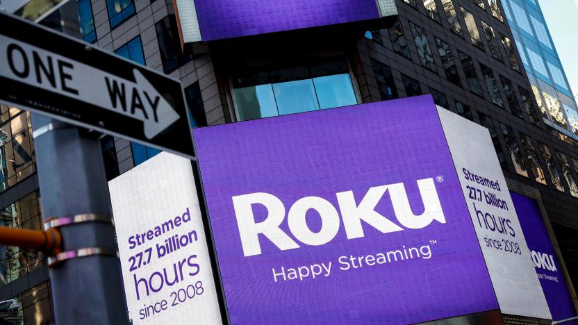 FILE PHOTO A video sign displays the logo for Roku Inc, a Fox-backed video streaming firm, in Times Square after the company's IPO at the Nasdaq Market in New York, U.S., September 28, 2017. REUTERS/Brendan McDermid/File Photo GLOBAL BUSINESS WEEK AHEAD