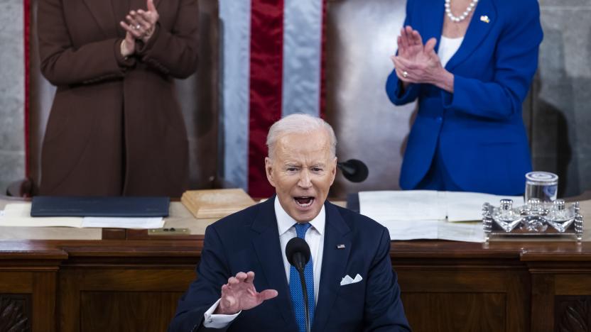 WASHINGTON, DC - MARCH 01:  U.S. President Joe Biden delivers the State of the Union address during a joint session of Congress in the U.S. Capitol’s House Chamber on March 1, 2022 in Washington, DC. In his first State of the Union address, Biden was expected to speak on his administration’s efforts to lead a global response to the Russian invasion of Ukraine, work to curb inflation and to bring the country out of the COVID-19 pandemic.  (Photo by Jim Lo Scalzo-Pool/Getty Images)