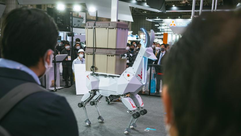 TOKYO, JAPAN - 2022/03/10: A humanoid robot called « RHP Bex » made by Japanese company Kawasaki does a demonstration for audience during the International Robot Exhibition 2022. 