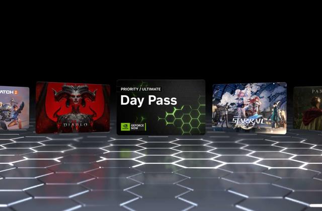 NVIDIA GeForce Now key art including text reading "Day Pass" and logos for Overwatch 2, Diablo IV and Exoprimal.
