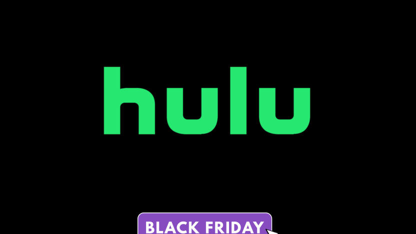 Green Hulu logo on a black background with a purple "Black Friday" tag superimposed at the bottom.