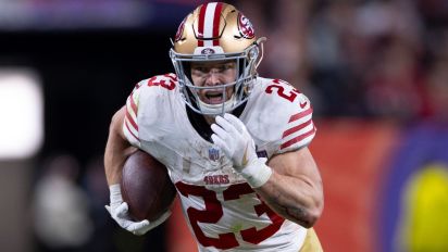 Getty Images - LAS VEGAS, NV - FEBRUARY 11: Christian McCaffrey #23 of the San Francisco 49ers heads to the end zone on a 21-yard touchdown catch during Super Bowl LVIII against the Kansas City Chiefs at Allegiant Stadium on February 11, 2024 in Las Vegas, Nevada. The Chiefs defeated the 49ers 25-22. (Photo by Michael Zagaris/San Francisco 49ers/Getty Images)