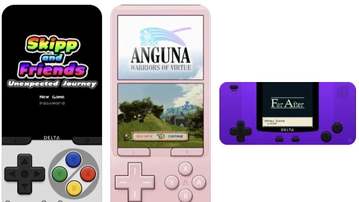 Screenshots of the Delta emulator, showing games running on emulated Nintendo devices.