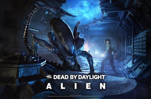 The game's logo appears in front of a dark room with a large alien and a woman standing next to each other. 