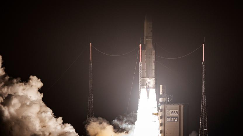 This picture shows an Ariane 5 rocket carrying two telecommunications satellites, SKY Perfect JSAT Corporations JCSAT-17 and GEO-KOMPSAT-2B for the Korea Aerospace Research Institute (KARI), lifting off from its launchpad in Kourou, at the European Space Center in French Guiana, on February 18, 2020.  (Photo by jody amiet / AFP) (Photo by JODY AMIET/AFP via Getty Images)