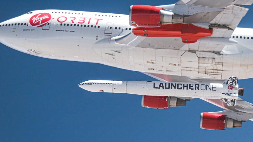 Virgin Orbit Cosmic Girl aircraft carries LauncherOne rocket