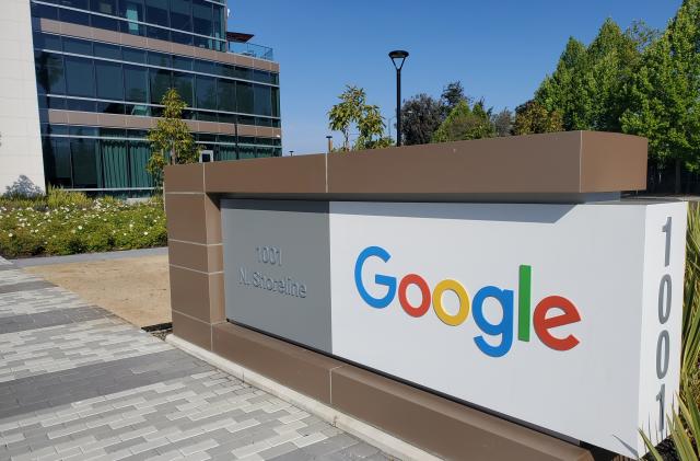 A sign is pictured outs a Google offcie near the company's headquarters in Mountain View, California, U.S., May 8, 2019.  Photo taken May 8, 2019.  REUTERS/Dave Paresh