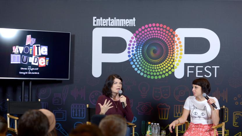 LOS ANGELES, CA - OCTOBER 30:  Actors Karen Kilgariff (L) and Georgia Hardstark record onstage during the "My Favorite Murder" podcast at Entertainment Weekly's PopFest at The Reef on October 30, 2016 in Los Angeles, California.  (Photo by Matt Winkelmeyer/Getty Images for Entertainment Weekly)