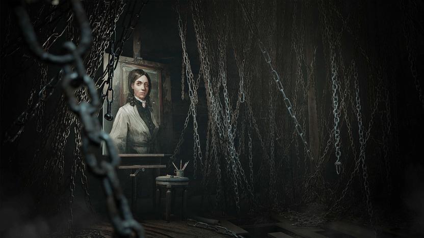 In this still image from the game ‘Layers of Fear’, there's a framed portrait of a woman on an easel in a hallway that's full of hanging chains.