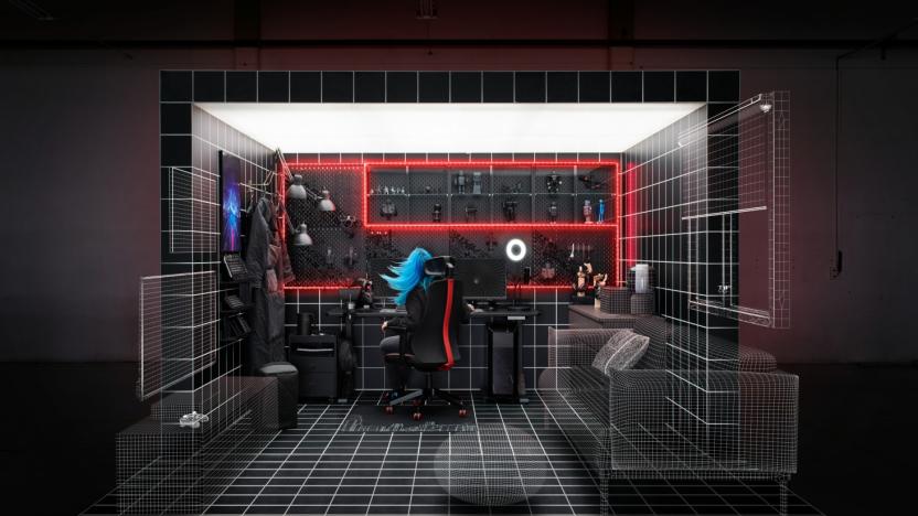 The IKEA ASUS ROG gaming collection presented with this wireframe rendering of a high-tech gaming area in someone's home.